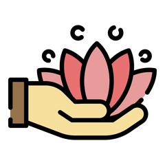 Poster - Lotus in hand icon. Outline lotus in hand vector icon color flat isolated
