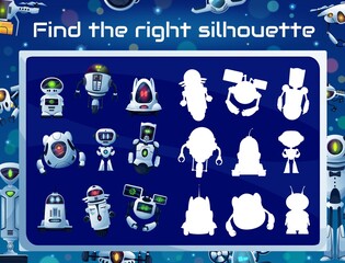 Poster - Kids game with robot silhouettes, shadow matching puzzle, memory riddle or attention test. Education quiz vector template with cartoon robots, white modern bots and ai droids, drones and androids
