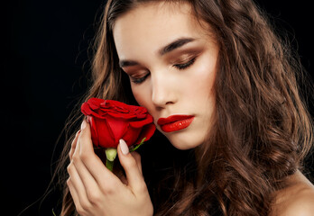 Wall Mural - pretty brunette naked shoulders red rose bright makeup passion