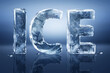 Ice lettering made of ice on a dark blue background.