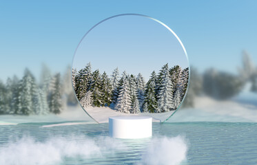 Poster - Abstract winter landscape scene with product stand. 3d rendering.