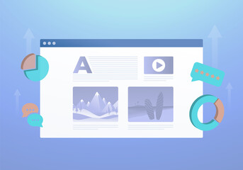Fototapete - Blog Content Marketing concept. Digital blogging post, writing advertising and selling content for online blog web page with chart and graph icons