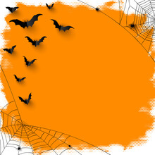 Half Tone Orange Halloween Background With Spider And Bats.