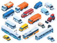Isometric Public Services Transport, Taxi, Ambulance And Police Car. Urban Vehicles, Fire Engine, Public Bus, Construction Truck Vector Illustration Set. City Transport Icons