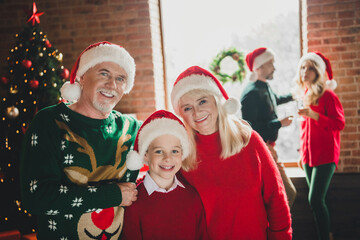 Sticker - Photo portrait of grandparents celebrating winter holidays together with grandson wearing red headwear