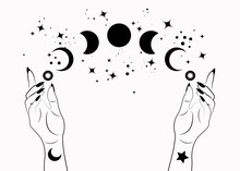 Mystical Moon Phases And Woman Hands, Triple Moon Pagan Wiccan Goddess Symbol, Alchemy Esoteric Magic Space, Sacred Wheel Of The Year, Vector Isolated On White Background