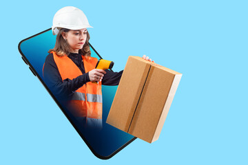 Poster - Warehouse accounting. Goods accounting. A storekeeper girl with a barcode reader. A woman with a cardboard box appears from a smartphone. Inventory of the warehouse. A collage in the magazine style.