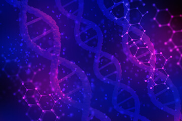 Poster - The genetic background is blue. DNA strands and chemical schematics. The study of heredity. Medical science and biotechnology. Genetic engineering in medicine. The DNA genome. Genetic research.