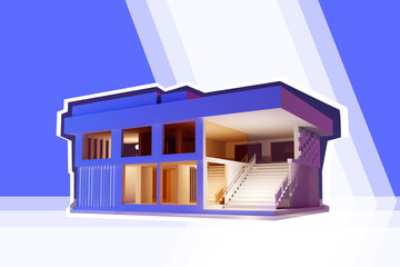Poster - Painting works. Building design. Selection of paint for the facade. Layout of the house. Construction drawing. Architectural Studio. On the table is a house made of plastic. Paint selection