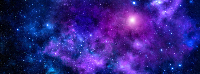 Wall Mural - Cosmic background with a purple nebula and shining stars