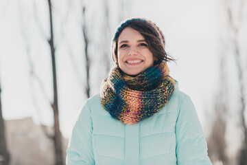 Sticker - Photo of charming cute nice pretty lady smile good mood walk in park wear hat scarf outdoors outside walk