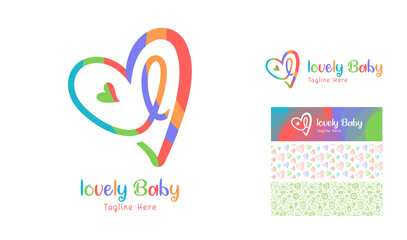 Attractive colorful butterfly love logo  with pattern and theme using letter L with baby icon pattern using colors red, blue, pink, orange, green for baby product brand, preschool nursery designs