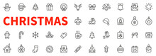 Christmas Line Icon Collection. Holiday Symbol. Outline Xmas Icons Set. Santa Claus, Gift, Angel, Box, Bow, Bell, Christmas Tree, Fireworks, Snow, Snowman, Bag And More - Stock Vector.