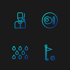 Sticker - Set line Golf flag, Water drop, British soldier and breakfast. Gradient color icons. Vector