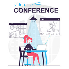 Aufkleber - Video conference isolated cartoon concept. Woman talking to friends on video call by laptop, people scene in flat design. Vector illustration for blogging, website, mobile app, promotional materials.
