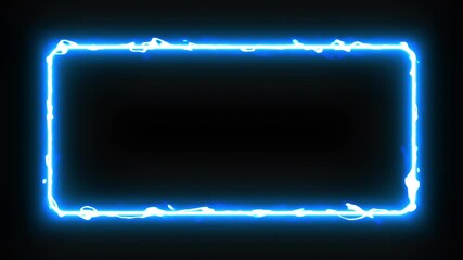 Wall Mural - Blue bright flashing neon frame with the effect of electric flashes on the black background, loopable stock video