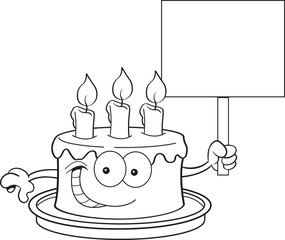 Wall Mural - Black and white illustration of a smiling birthday cake holding a sign.