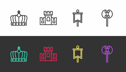 Poster - Set line King crown, Castle, fortress, Medieval flag and axe on black and white. Vector