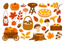 Autumn Harvest Illustrations. Pumpkin Cart, Apples Crate, Basket With Mushrooms, Berries And Fallen Leaves. Set Of Fall Stickers For Scrapbooking. Vector Hand-drawn Elements.