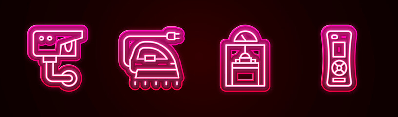 Canvas Print - Set line Security camera, Electric iron, Lift and Remote control. Glowing neon icon. Vector