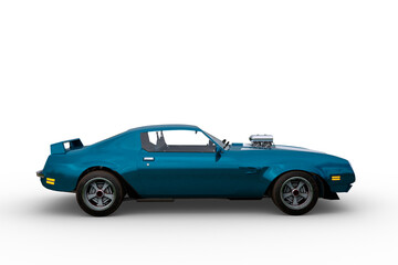 Poster - Side view 3D rendering of a blue and white 1970s retro American muscle car isolated on a white background.