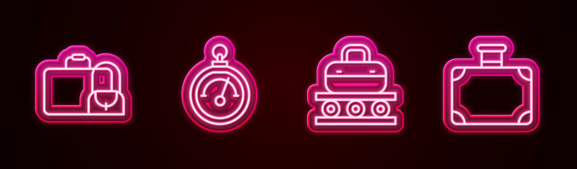 Set line Suitcase, Barometer, Conveyor belt with suitcase and . Glowing neon icon. Vector