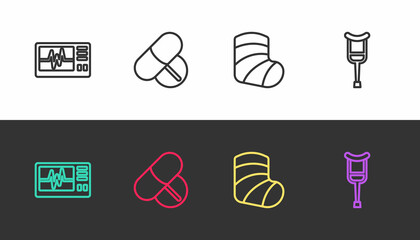 Sticker - Set line Monitor with cardiogram, Medicine pill tablet, Gypsum and Crutch crutches on black and white. Vector