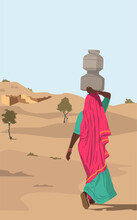 Vector Illustration Of Indian Woman,walks With Water Pots On Her Head In A Desert.