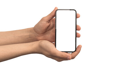 Wall Mural - Man holding smartphone mockup screen, blank white screen, isolated on a white background photo