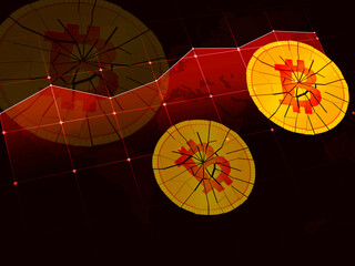 Poster - Cryptocurrency crash concept with golden crashed coins and red graph in the background. Bitcoin crash concept