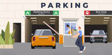 Car Is Driving Through Entrance With Barrier On Underground Parking. Scene With Male Guard In Booth Opening Gate To Let Driver To Drive Into Parking Lot. Flat Cartoon Vector Illustration