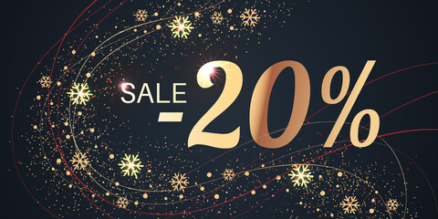 Wall Mural - 20 Percent Sale Background with golden shiny numbers and snowflakes on black. New Year, Christmas and Black Friday holiday discount design template. Seasonal promotion poster