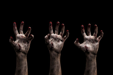 Fototapeta set of dirty creepy bloody zombies hands with different posing. horror and halloween theme.	isolated on black.