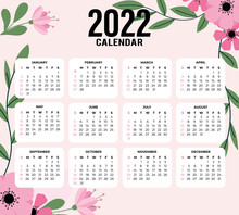 2022 Calendar Template With Floral Design. Vector Illustration.