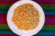 Semillas de maiz - maiz en grano - plato de maíz - maíz palomero - maíz para palomitas - plato blanco con maíz palomero