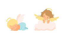 Cute Baby Angels With Nimbus And Wings Vector Set