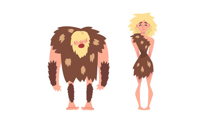 Sticker - Primitive Man and Woman Character from Stone Age Wearing Animal Skin Vector Set