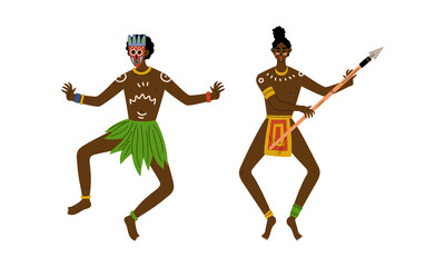 Poster - African Aboriginal Man with Painted Face Dressed in Traditional Tribal Clothing Vector Set