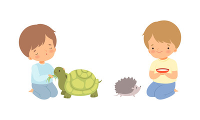 Sticker - Cute Little Boy Interacting with Animal in Petting Zoo Vector Set