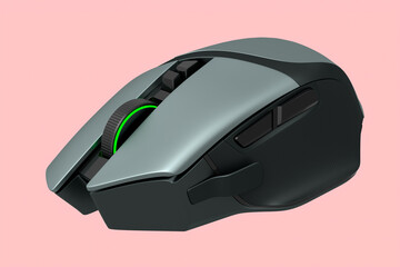 Fototapete - Modern silver wireless gaming computer mouse isolated on pink background
