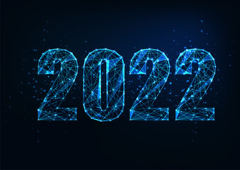 Wall Mural - Futuristic 2022 New Year digital web banner template with glowing low polygonal digits on dark blue