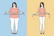 Slimming and loosing weight concept. Young sad fat woman and happy slim girl standing using waist ruler amount for measuring body vector illustration 
