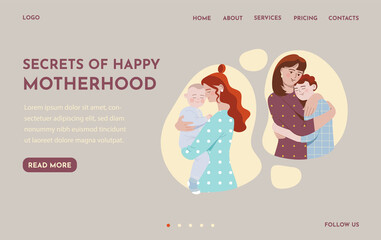 Female characters with their children of different ages. Concept of motherhood, parenthood, childhood, mother s day. Website, web page, landing page template. Flat cartoon vector illustration