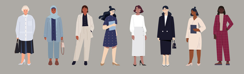 Poster - set of female business characters in various office clothes on grey background. diverse standing wom
