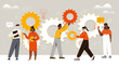 Male and female characters are assembling cogwheels together at work. Concept of work operations and teamwork productivity. Business workflow as cogwheel mechanism. Flat cartoon vector illustration