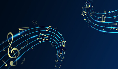 Flowing shiny musical waves with notes on stylish background. Abstract musical background. Gold music notes and treble clef on line wave of sound tune. Vector illustration template for music festival.