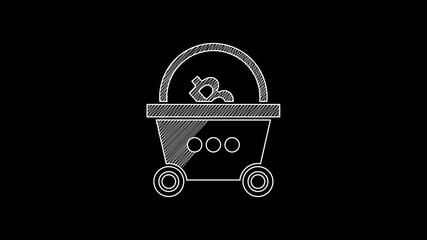 Sticker - White line Shopping basket with bitcoin icon isolated on black background. Blockchain technology, cryptocurrency mining, digital money market. 4K Video motion graphic animation