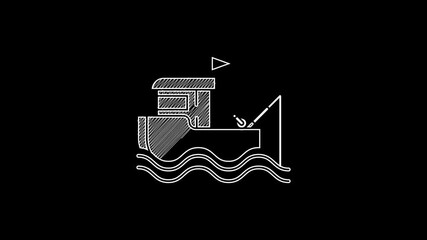 Canvas Print - White line Fishing boat with fishing rod on water icon isolated on black background. 4K Video motion graphic animation