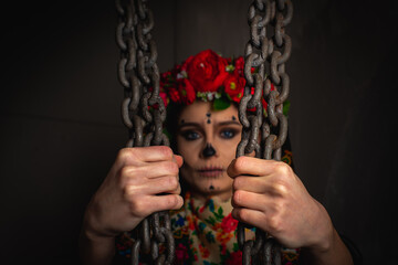 Wall Mural - young girl with makeup for the Day of the Dead with a wreath of flowers on her head, in a network with flowers handkerchief holds a metal chain and looks through the gogo. The concept of Halloween or 