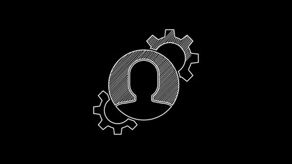 Sticker - White line Human with gear inside icon isolated on black background. Artificial intelligence. Thinking brain sign. Symbol work of brain. 4K Video motion graphic animation